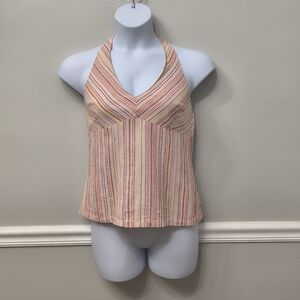 H&M L.O.G.G. Linen Cotton Blend Halter Neck Tie-Back Striped Top Size 14